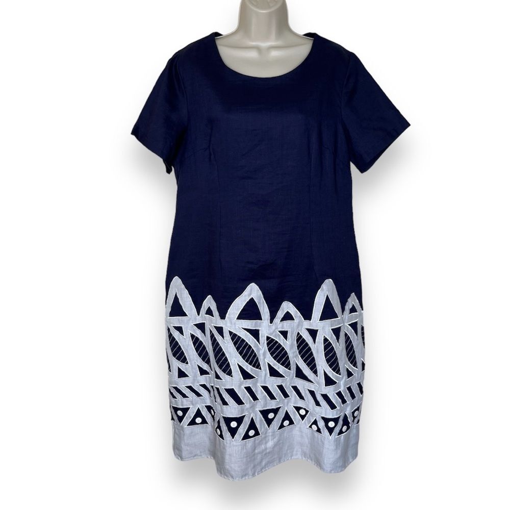 Studio EY Linen Navy White Applique Button Sheath Dress Short Sleeve Women Large
